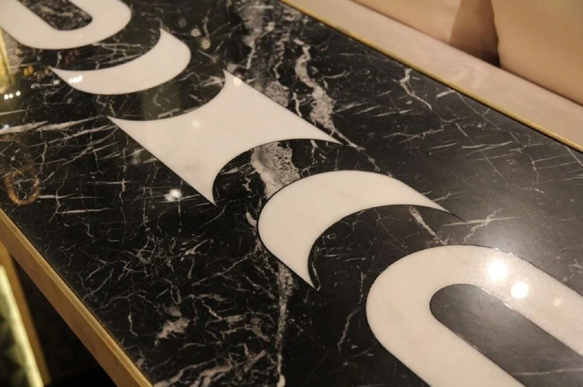 Casa Padrino consola de lujo lat¨®n / negro / blanco 220 x 45 x A. 85 cm - Consola con tablero de m¨¢rmol y estante de vidrio - Muebles de Hotel - Calidad de Lujo