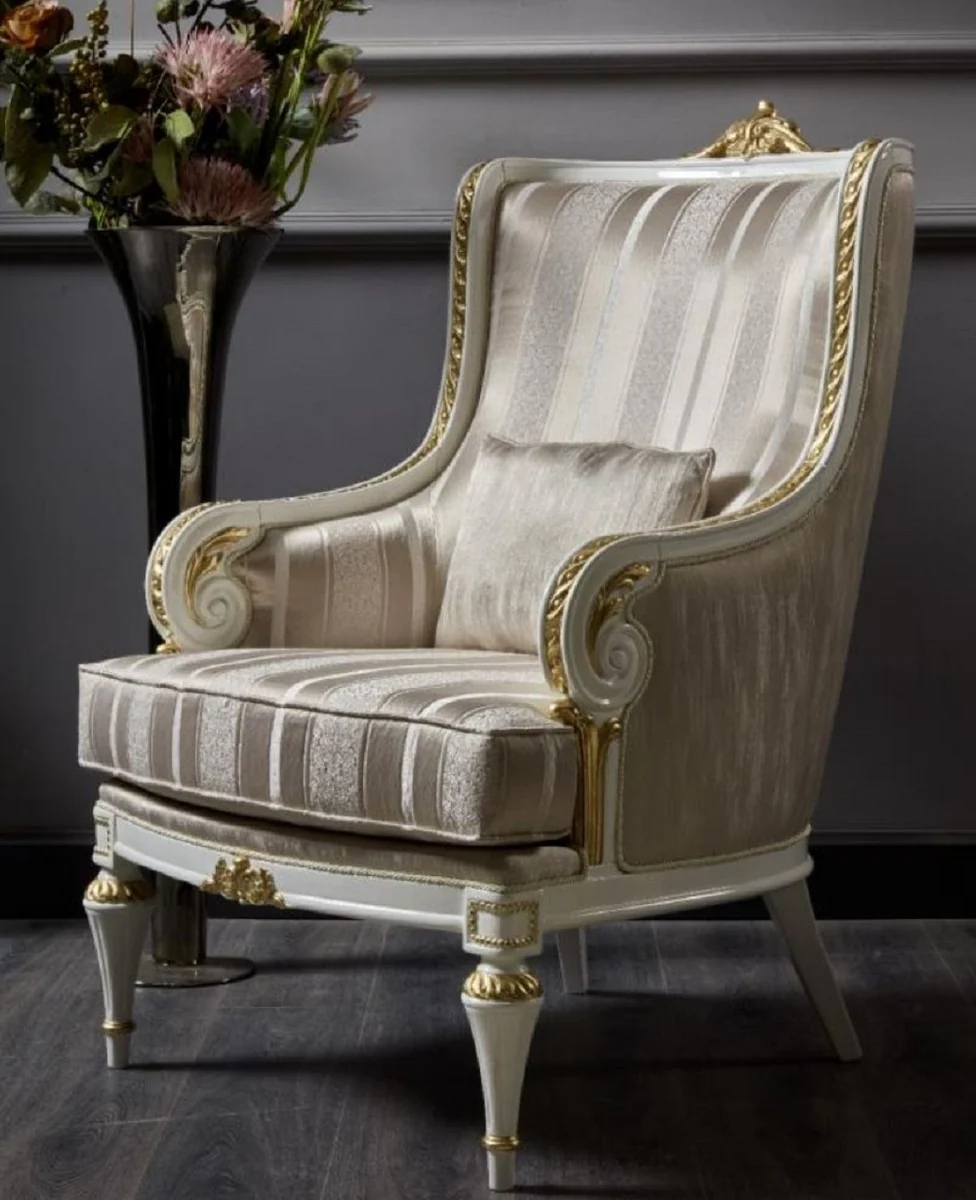 Casa Padrino sill¨®n barroco de lujo oro / blanco / oro - Magn¨ªfico sill¨®n de sal¨®n con rayas - Muebles de sal¨®n de estilo barroco - Muebles de lujo de estilo barroco - Mobiliario barroco