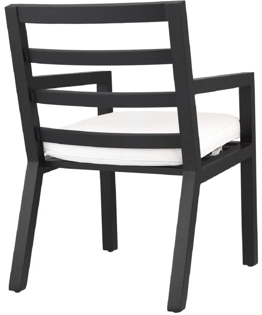 Casa Padrino silla de comedor de lujo con reposabrazos negro / blanco 56 x 66,5 x A. 87 cm - Silla de aluminio resistente a la intemperie con coj¨ªn de asiento - Silla de Jard¨ªn de Terraza