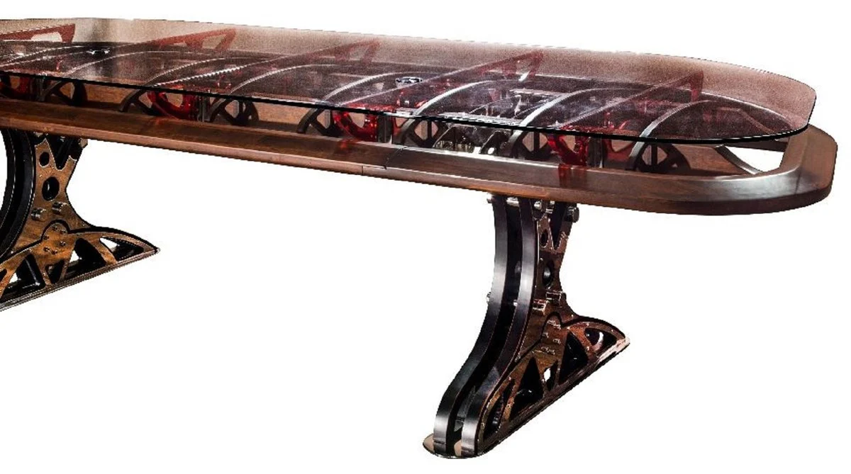 Casa Padrino escritorio de estilo industrial de lujo con tapa de vidrio plata / marrón / rojo 333 x 125 x A. 78,5 cm - Mesa de oficina de estilo industrial - Muebles de estilo industrial de lujo