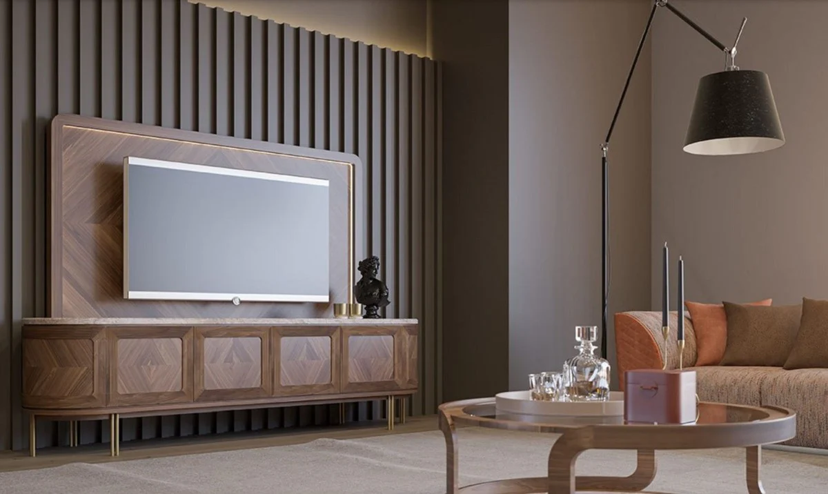 Casa Padrino conjunto de armario de TV de lujo marr¨®n / beige / lat¨®n - Aparador de sal¨®n con 4 puertas y pared trasera de TV iluminada - Muebles de sal¨®n - Muebles de hotel - Muebles de lujo