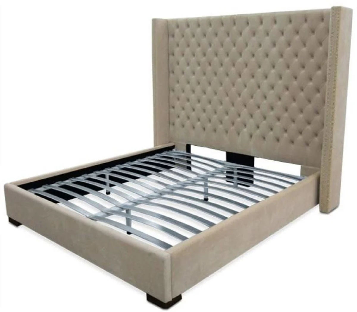 Casa Padrino cama doble de lujo de terciopelo arena / negro 220 x 218 x A. 180 cm - Cama de madera maciza con elegante cabecero Chesterfield - Muebles de Dormitorio