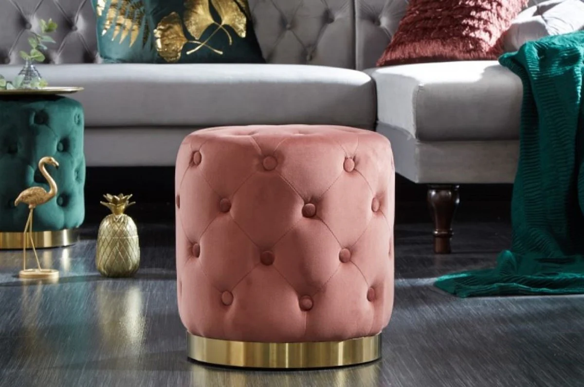 Casa Padrino Taburete Chesterfield de Terciopelo Rosa Antiguo / Oro ? 36 x H. 40 cm - Taburete Redondo - Muebles Chesterfield
