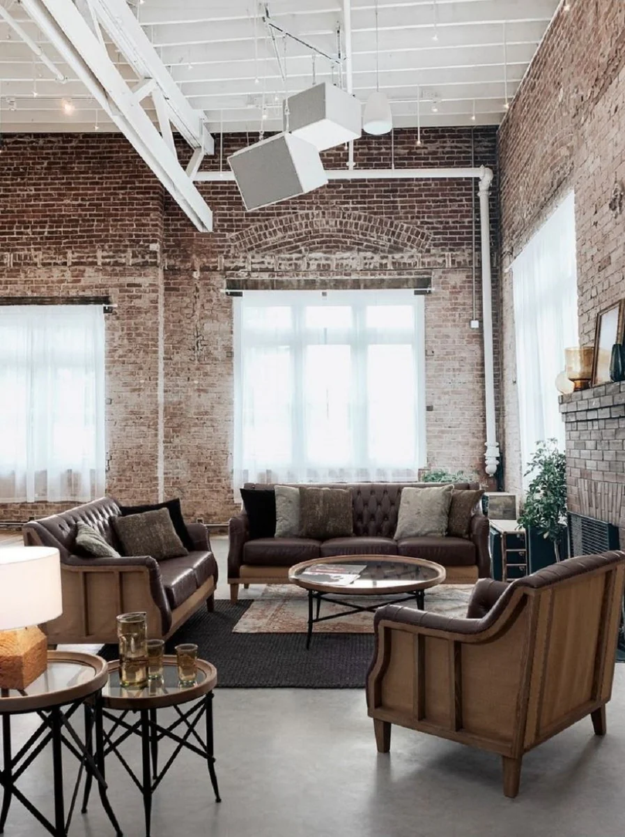 Casa Padrino sof¨¢ Chesterfield de lujo en cuero artificial marr¨®n oscuro / natural 194,5 x 85 x A. 85 cm - Sof¨¢ de sal¨®n - Muebles de sal¨®n - Muebles Chesterfield - Muebles de lujo