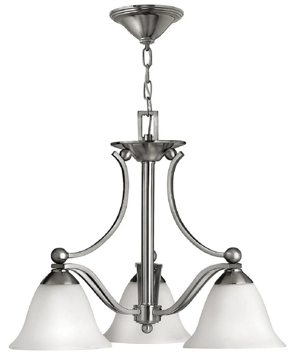 Casa Padrino lámpara de araña Art Deco de lujo plata / blanco Ø 57,2 x A. 49 cm - Lámpara de araña redonda de metal con pantallas de vidrio - Araña de salón - Luces Art Deco - Luces de lujo