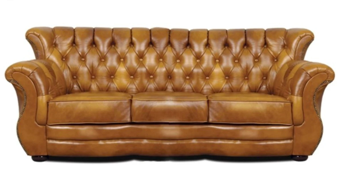 Casa Padrino sof¨¢ 3 plazas de cuero genuino chesterfield marr¨®n 200 x 85 x H. 90 cm - Muebles de Cuero Genuino