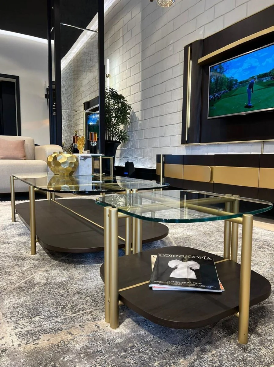 Casa Padrino mesa de centro de lujo marr¨®n oscuro / lat¨®n 155 x 75 x A. 35 cm - Mesa de sal¨®n con tapa de vidrio - Muebles de sal¨®n - Muebles de hotel - Muebles de lujo - Interiores de lujo