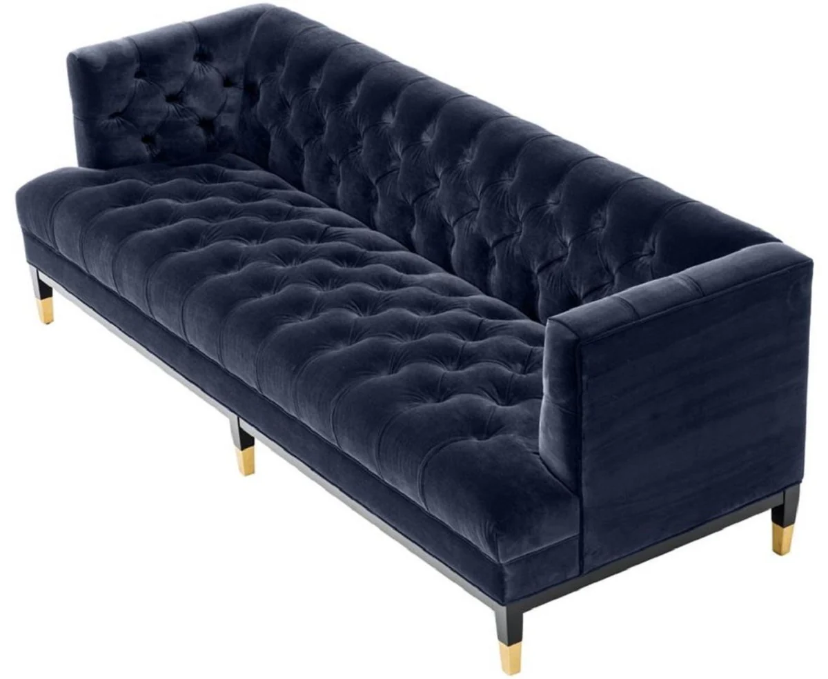 Casa Padrino sofá de la sala de estar de lujo azul medianoche / negro / latón 230 x 85 x H. 79 cm - Sofá Chesterfield de Terciopelo