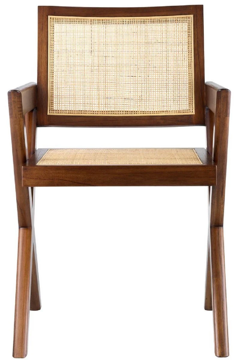 Casa Padrino silla de comedor de lujo marr¨®n / natural 53 x 57 x A. 84,5 cm - Silla de madera maciza con reposabrazos y rat¨¢n tejido a mano - Muebles de comedor de lujo