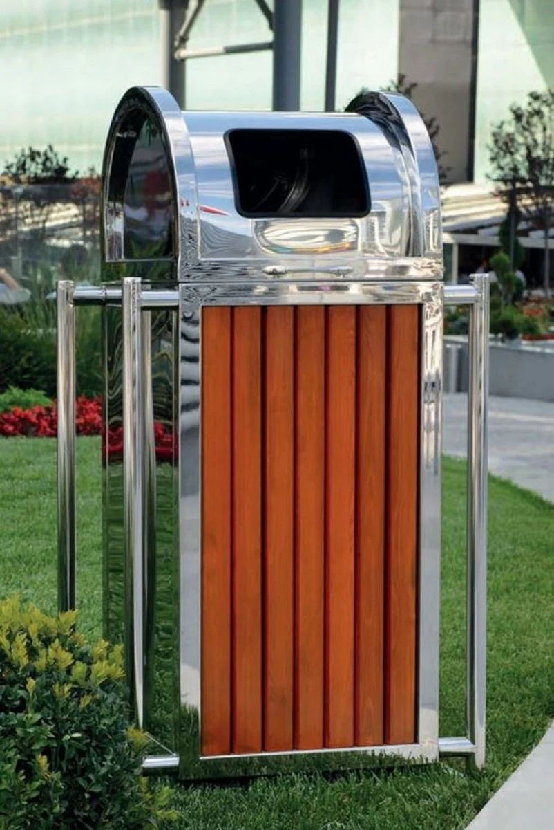 Casa Padrino papelera de parque plata / marr¨®n H. 90 cm - Papelera urbano - Papelera de acero inoxidable