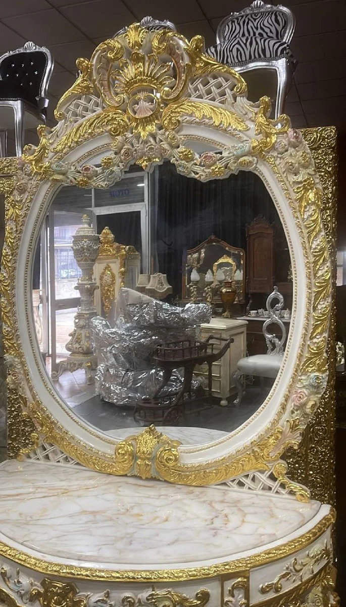 Casa Padrino consola de espejo barroco con tapa de m¨¢rmol blanco / multicolor / oro - Consola estilo barroco con espejo - Muebles de armario estilo barroco - Muebles barrocos