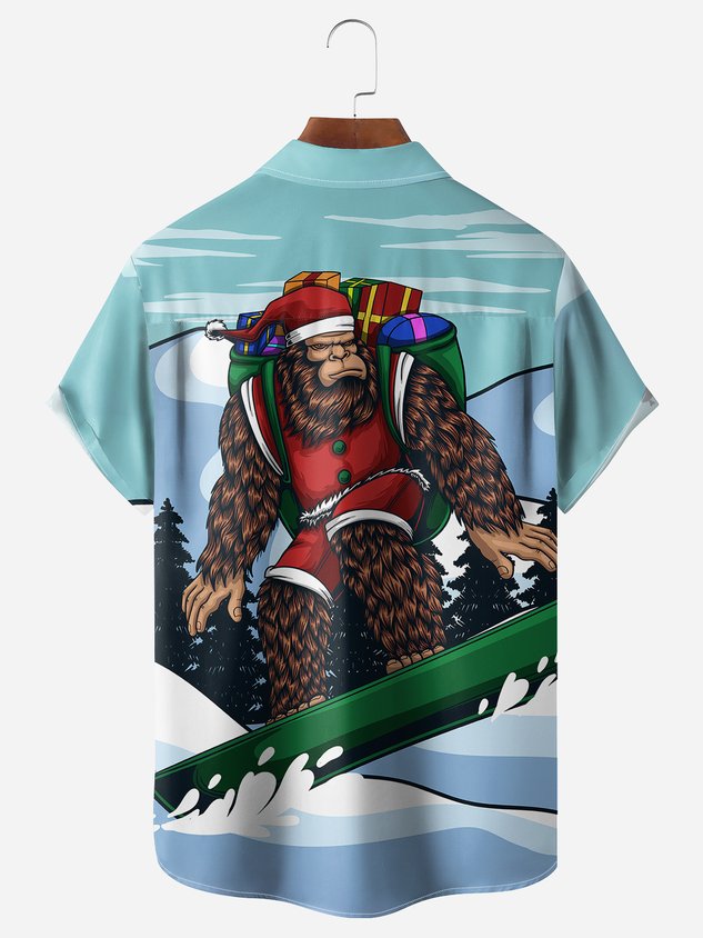 Christmas Bigfoot Chest Pocket Short Sleeve Casual Shirt