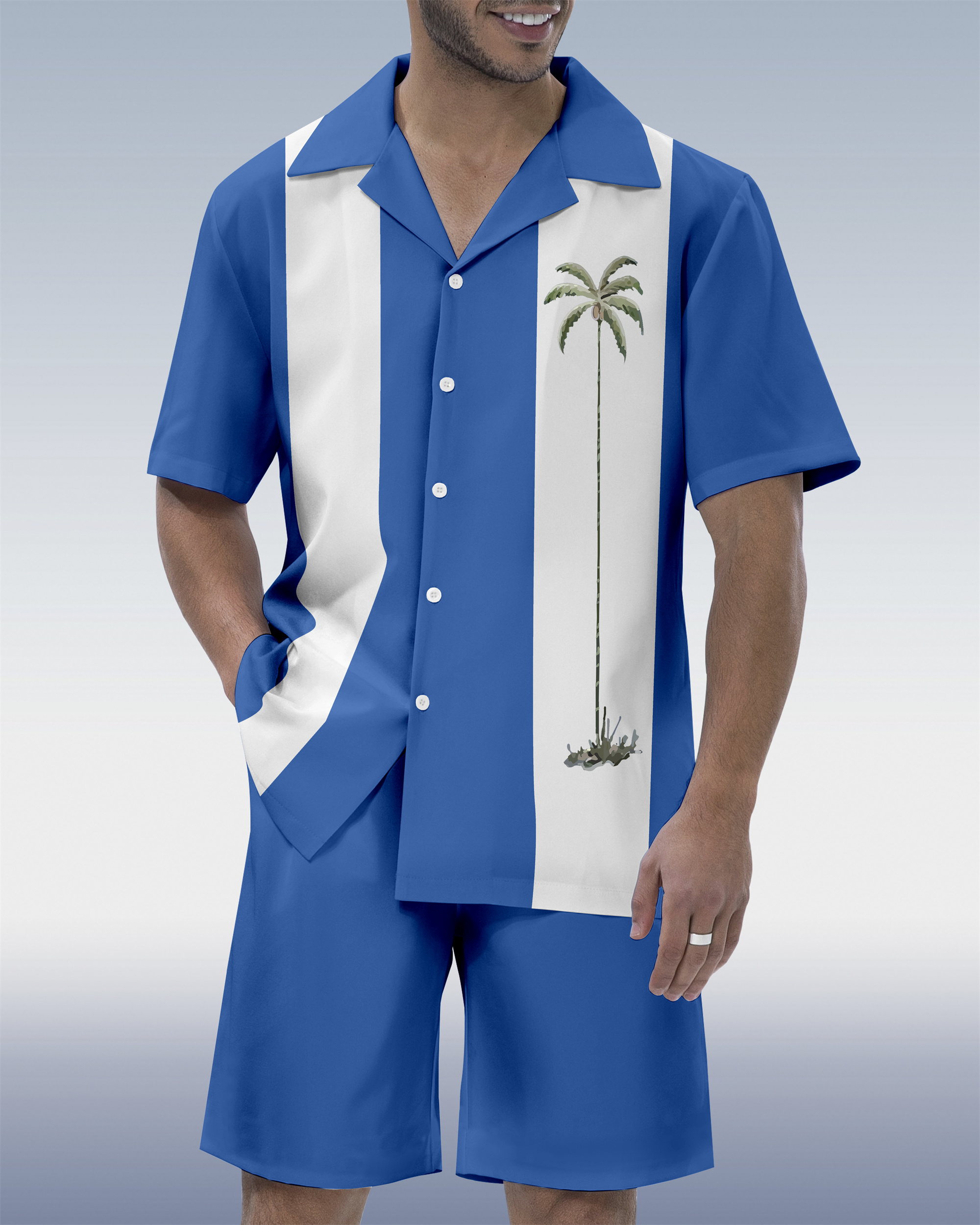 Men's Hawaiian Tiki Party Print Cuban Collar Short Sleeve Shirt Set