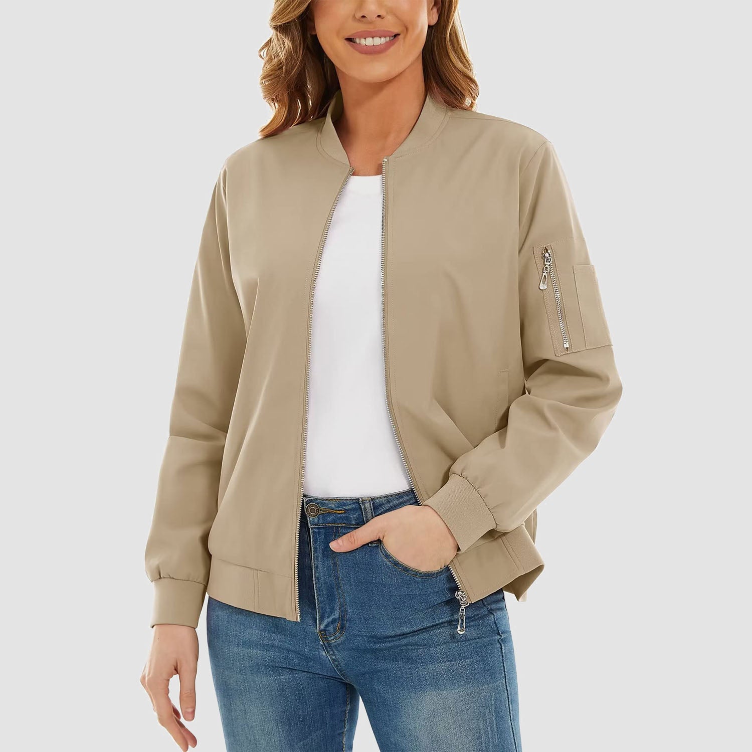 Women's Bomber Jackets Casual Jacket with 3 Pockets Spring Windbrealer Coat Fashion Outwear