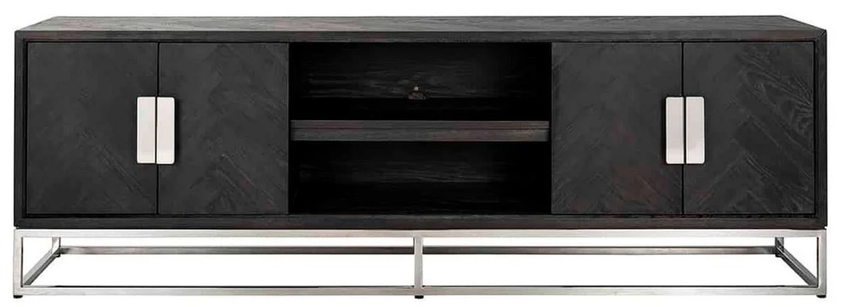 Casa Padrino gabinete de TV de lujo negro / plata 185 x 42,5 x A. 60 cm - Aparador de madera maciza con 4 puertas - Muebles de salón - Muebles de hotel - Colección de Lujo