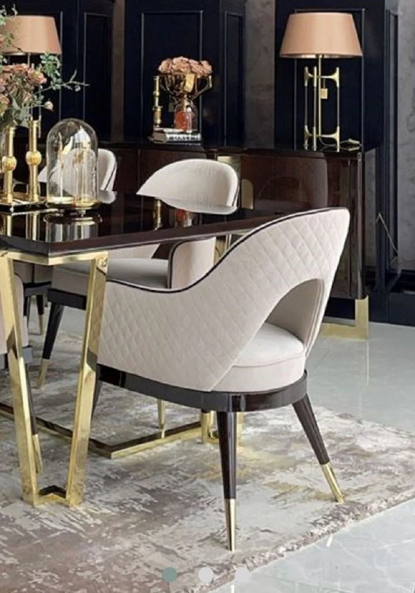 Casa Padrino Conjunto de 6 Sillas de Comedor Art Deco de Lujo Beige / Marr¨®n Oscuro / Oro 58 x 65 x A. 90 cm - Muebles de Comedor y Restaurante Art Deco - Calidad de Lujo