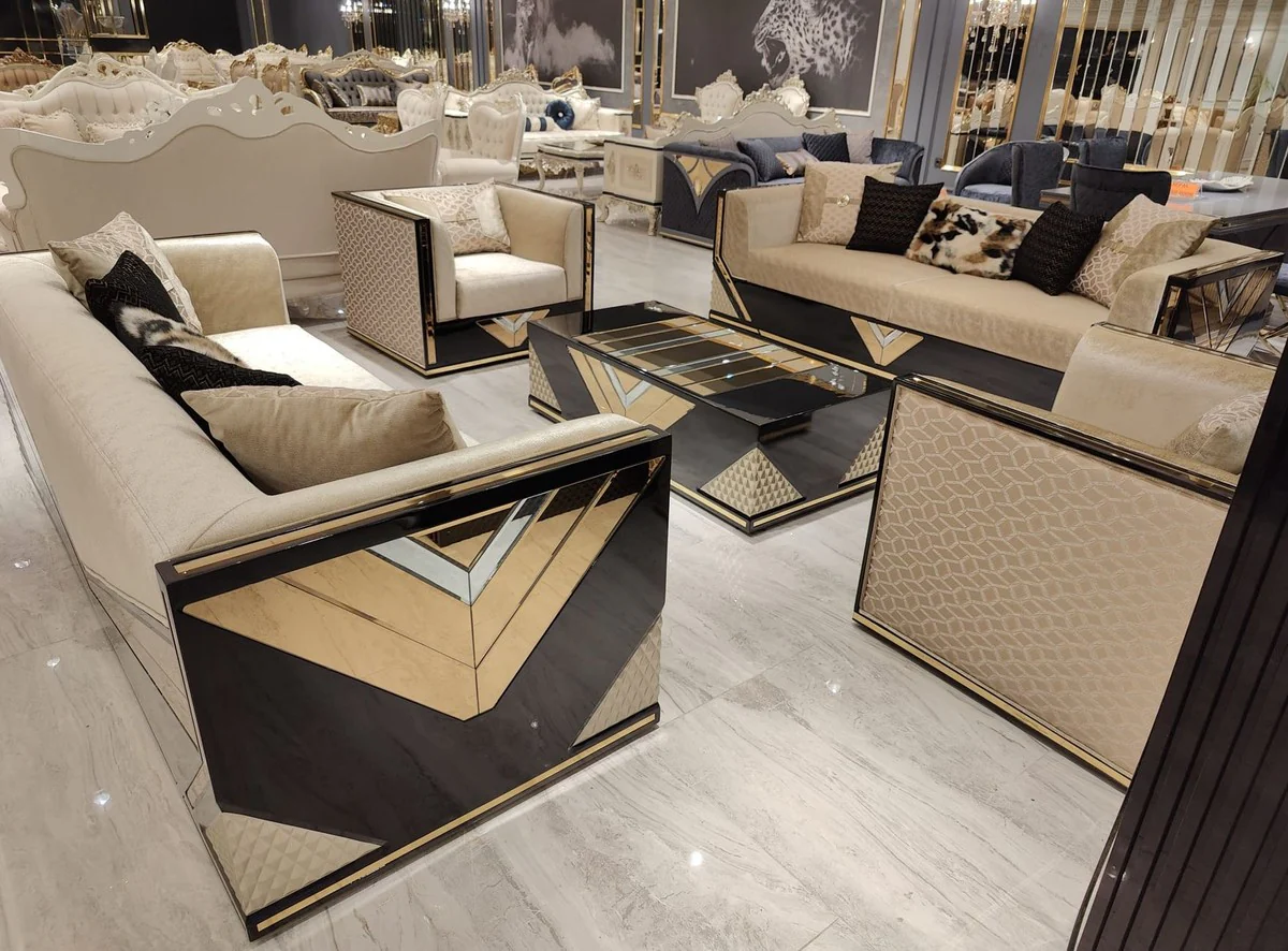 Casa Padrino Conjunto de Sal¨®n de Lujo Oro / Negro - 2 Sof¨¢s de Lujo & 2 Sillones de Lujo & 1 Mesa de Centro de Lujo - Muebles de Sal¨®n - Muebles de Lujo - Interiores de Lujo - Interiores de Sal¨®n