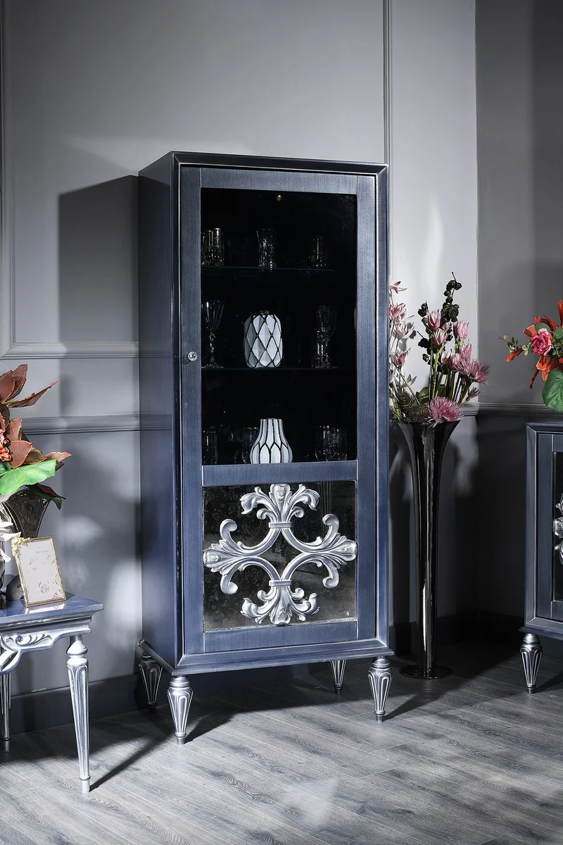 Casa Padrino Vitrina Barroco de Lujo Azul / Plata 75 x 45 x H. 190 cm - Vitrina con Puerta de Vidrio - Muebles de Sal¨®n Barrocos