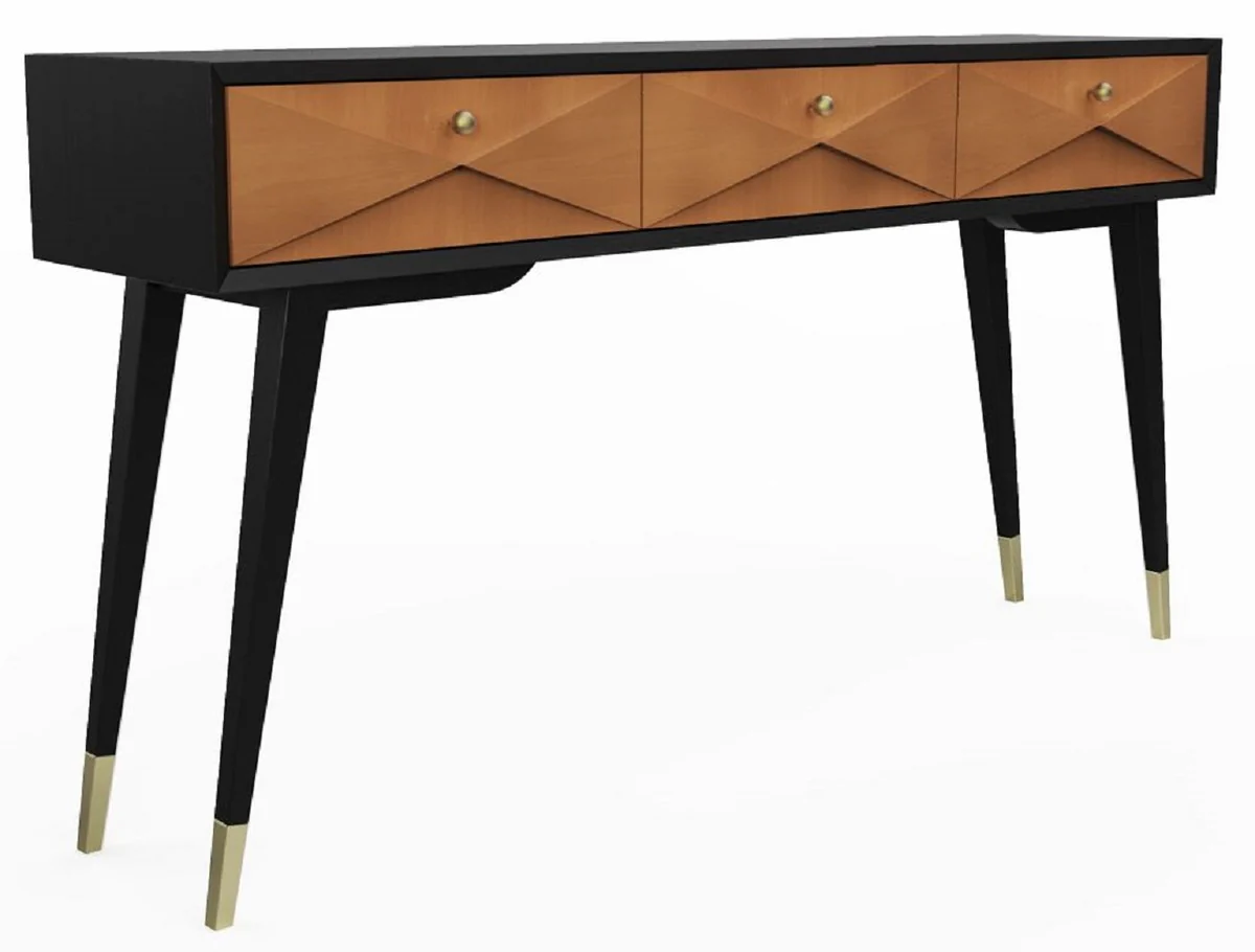 Casa Padrino Consola de Lujo Negro Mate / Co?ac Mate / Oro 148 x 40 x A. 80 cm - Consola de Madera Maciza con 3 Cajones - Muebles de Lujo - Interiores de Lujo