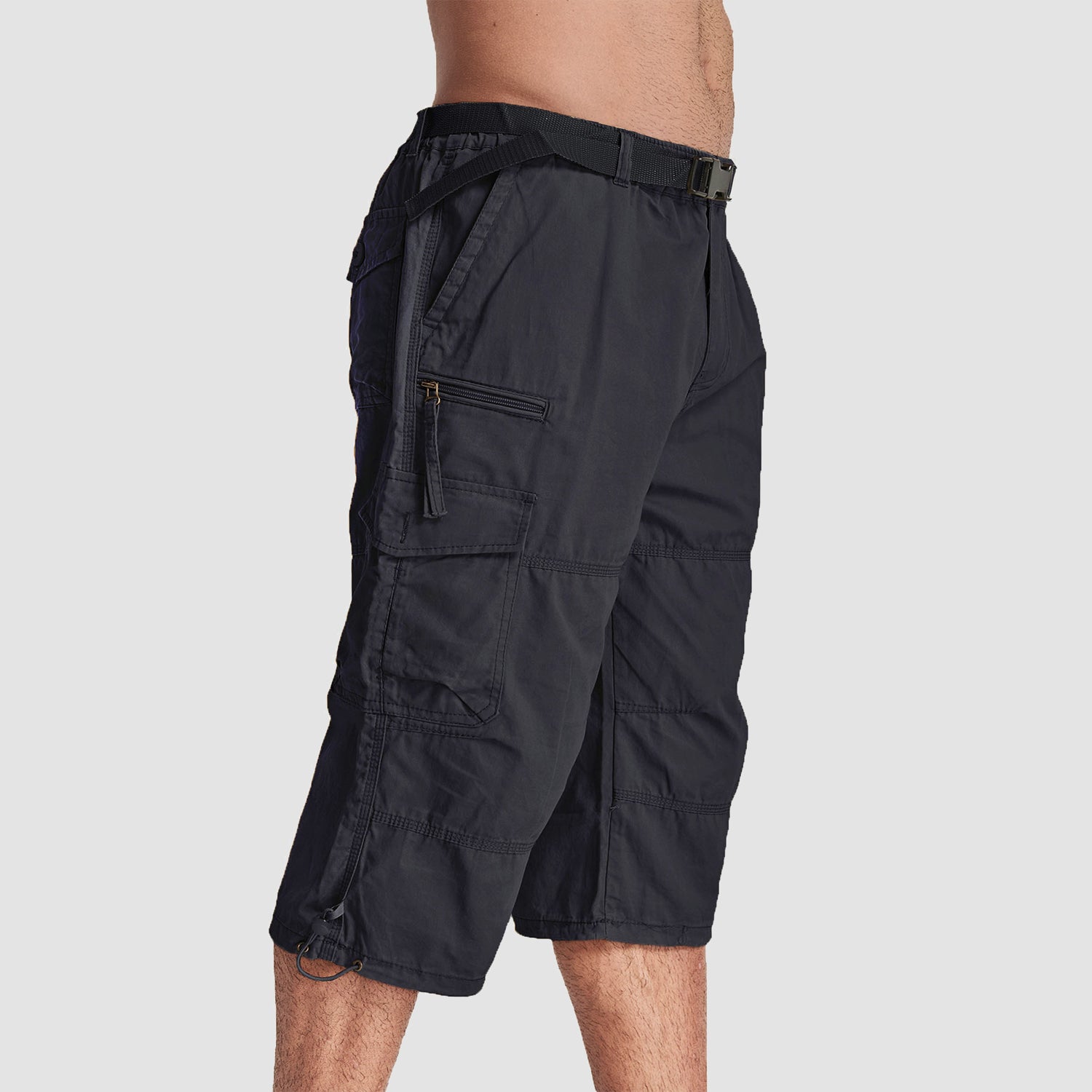 Men Summer Casual 3/4 Long Cargo Shorts Twill Cotton Elastic Waist Multiple Pockets Comfortable Capris Trousers