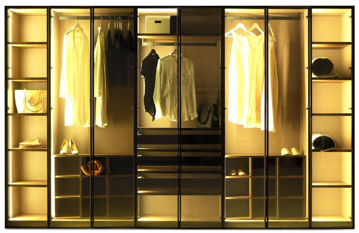 Casa Padrino armario de dormitorio de lujo marr¨®n oscuro 360 x 62 x A. 230 cm - Armario iluminado con 8 puertas de vidrio - Muebles de Dormitorio - Muebles de Hotel - Muebles de Lujo