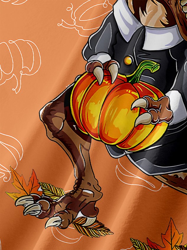 Thanksgiving Dinosaur Turkey Chest Pocket Short Sleeve Shirt