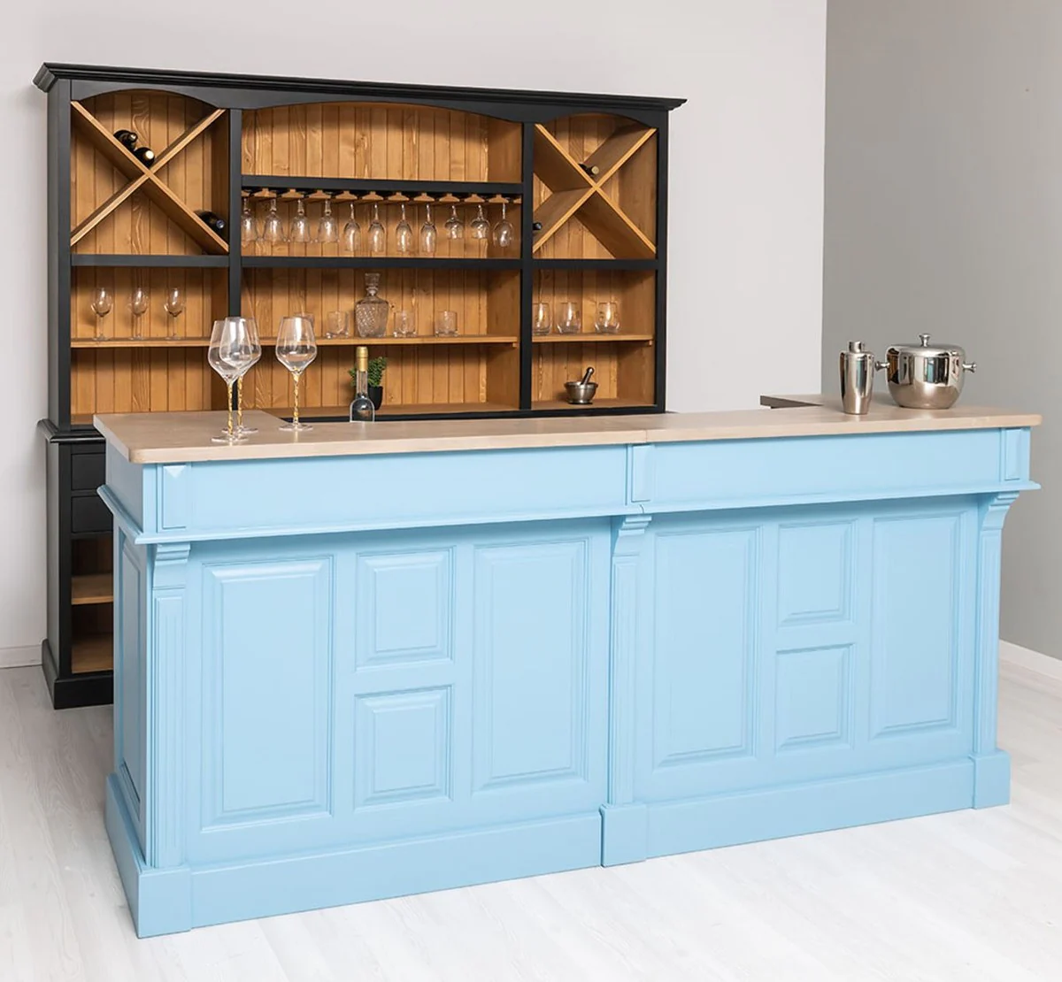 Casa Padrino barra de bar de estilo campestre azul claro / beige 240 cm - Muebles de bar estilo campestre