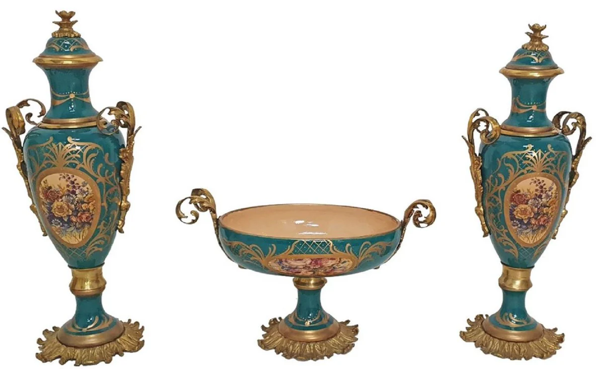 Casa Padrino conjunto de jarrones barrocos de cerámica decorativa con cuenco verde / multicolor / latón - Magnífica decoración estilo barroco - Accesorios decorativos barrocos - Muebles barrocos