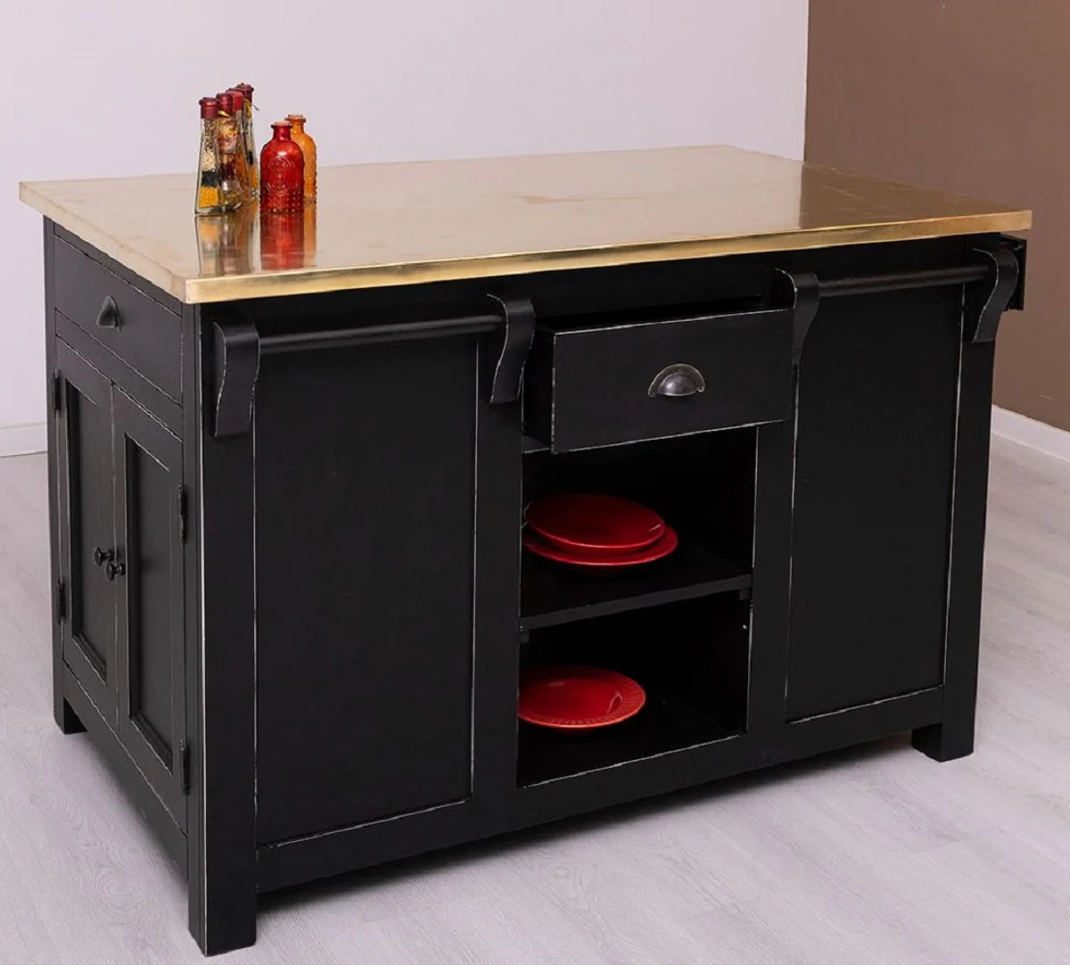 Casa Padrino isla de cocina de estilo campestre shabby chic con tablero galvanizado negro antiguo / oro 135 x 85 x A. 90 cm - Mueble de comedor de madera maciza estilo campestre