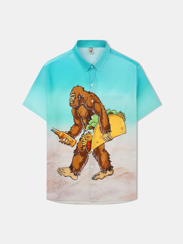 Gorilla Carrying Taco And Beer Chest Pocket Short Sleeve Casual Shirt