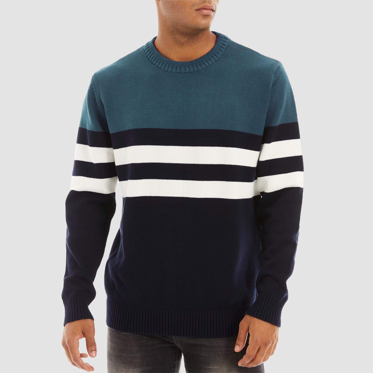 Men's Crewneck Sweater Soft Thermal Knitted Sweatshirt Color Block Striped