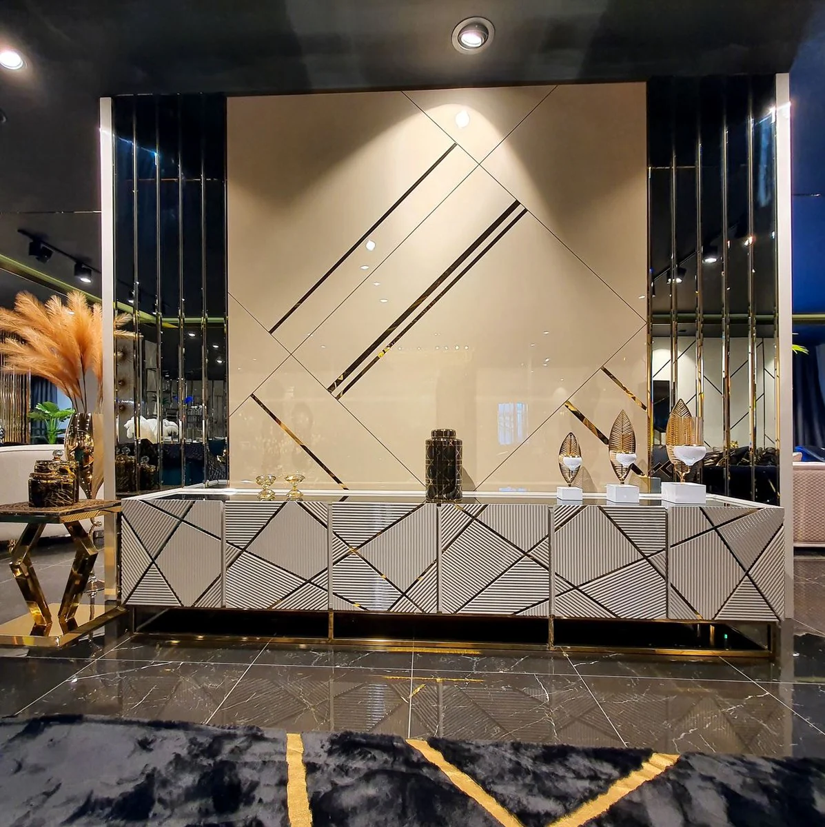 Casa Padrino armario de TV de lujo blanco-gris / oro 267 x 44 x A. 60 cm - Aparador de sal¨®n con 6 puertas - Muebles de TV de sala de estar de lujo - Calidad de Lujo