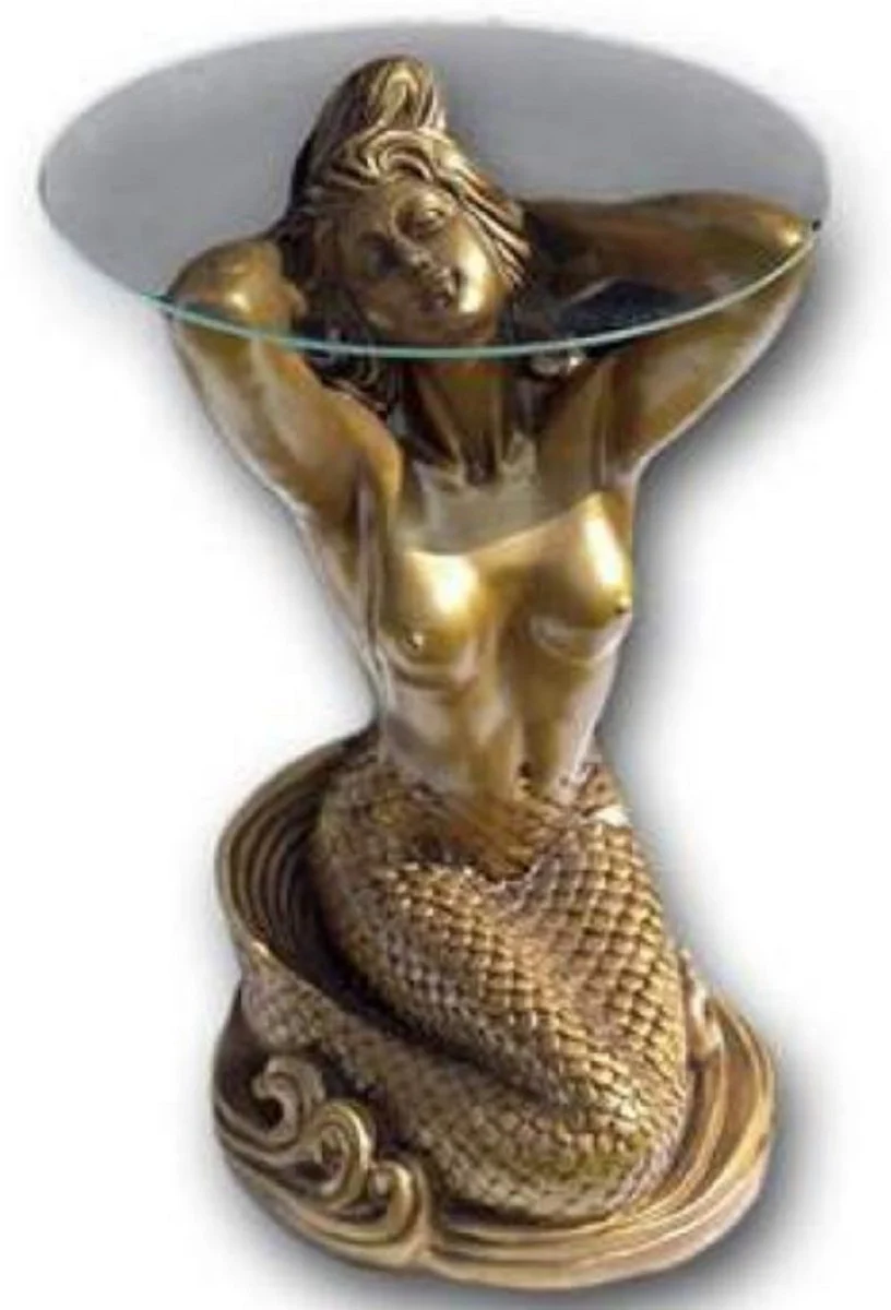 Casa Padrino mesa auxiliar Art Nouveau sirena oro A. 62 cm - Mesa elegante con tapa redonda de vidrio - Muebles Barrocos y Art Nouveau