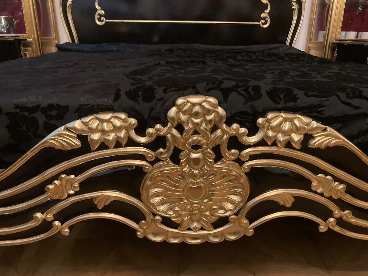Pompöös by Casa Padrino cama de matrimonio barroco de lujo con colchón negro / oro - Cama barroco pomposa diseñada por Harald Glööckler - Muebles de dormitorio en estilo barroco - Muebles barrocos