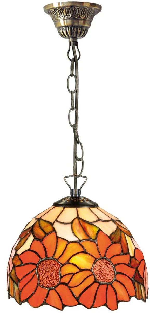 Casa Padrino Lámpara de Suspensión Tiffany Girasoles Naranja / Multicolor Ø 20 x H. 78 cm - Lámpara Colgante Hecha a Mano de 135 Piezas
