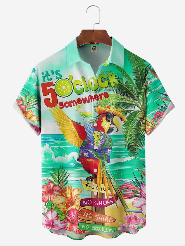 It's 5 O'Clock Somewhere Parrot Chest Pocket Short Sleeve Hawaiian Shirt