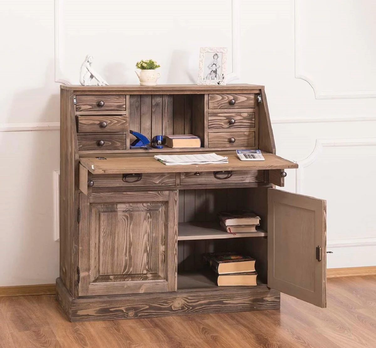 Casa Padrino escritorio de estilo campestre con 2 puertas y 8 cajones marrón 106 x 49 x H. 109 cm - Muebles de Estilo Campestre