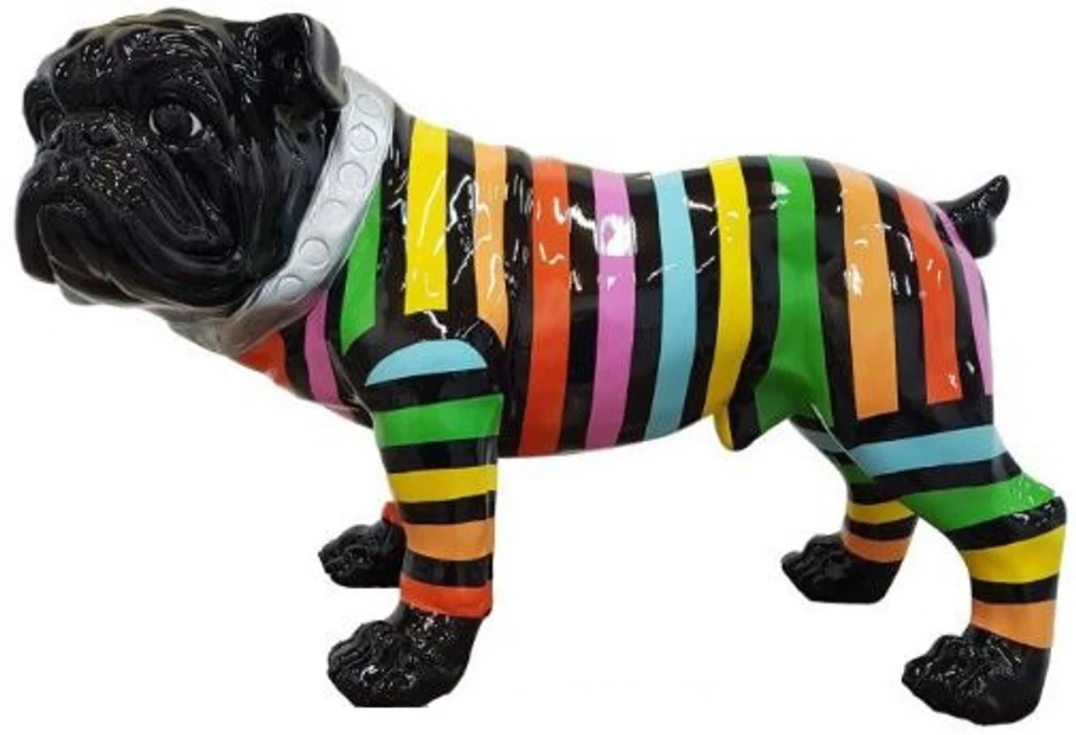 Casa Padrino figura decorativa de diseño perro buldog negro / rayas de colores 59 x A. 40 cm - Escultura decorativa resistente a la intemperie - Decoración de Sala de Estar
