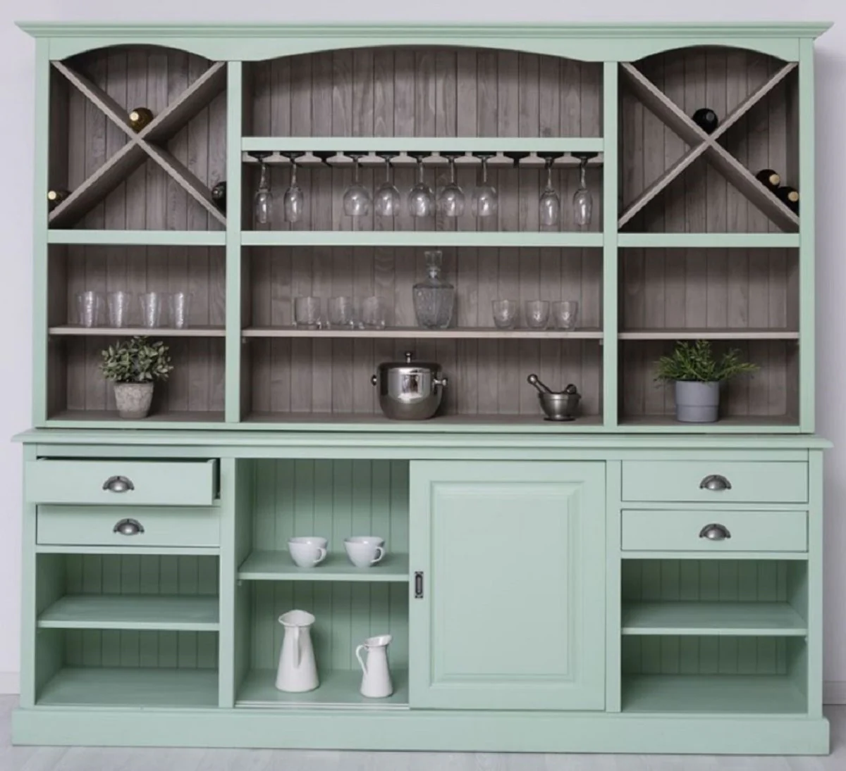 Casa Padrino gabinete bar de estilo campestre verde menta / gris 240 x 50 x A. 210 cm - Gabinete para vinos de madera maciza de estilo campestre - Muebles de bar de estilo campestre