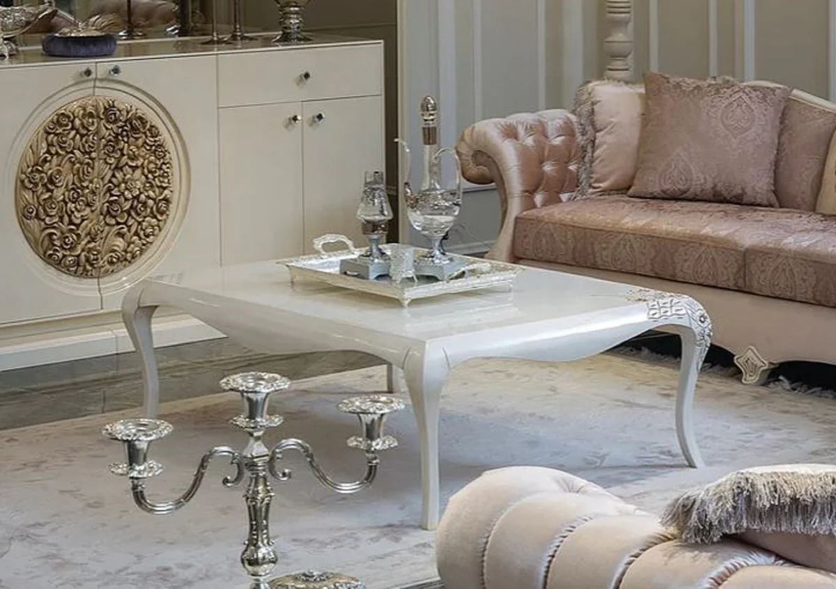 Casa Padrino mesa de centro barroco de lujo blanco / beige 128 x 94 x A. 45 cm - Elegante mesa de sal¨®n de madera maciza en estilo barroco - Muebles Barrocos