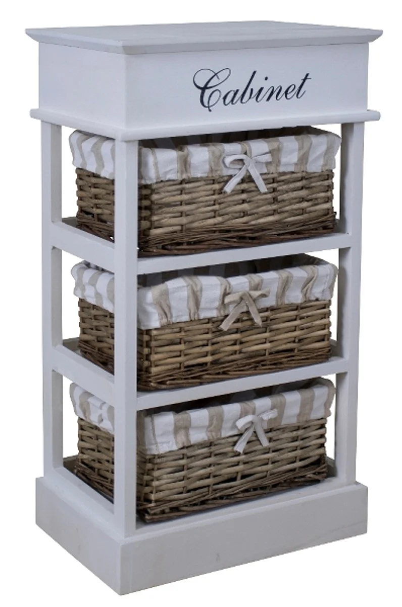 Casa Padrino country style chest of drawers white / natural colors 38 x 28 x H. 70 cm - Handmade Dresser with 3 Rattan Baskets
