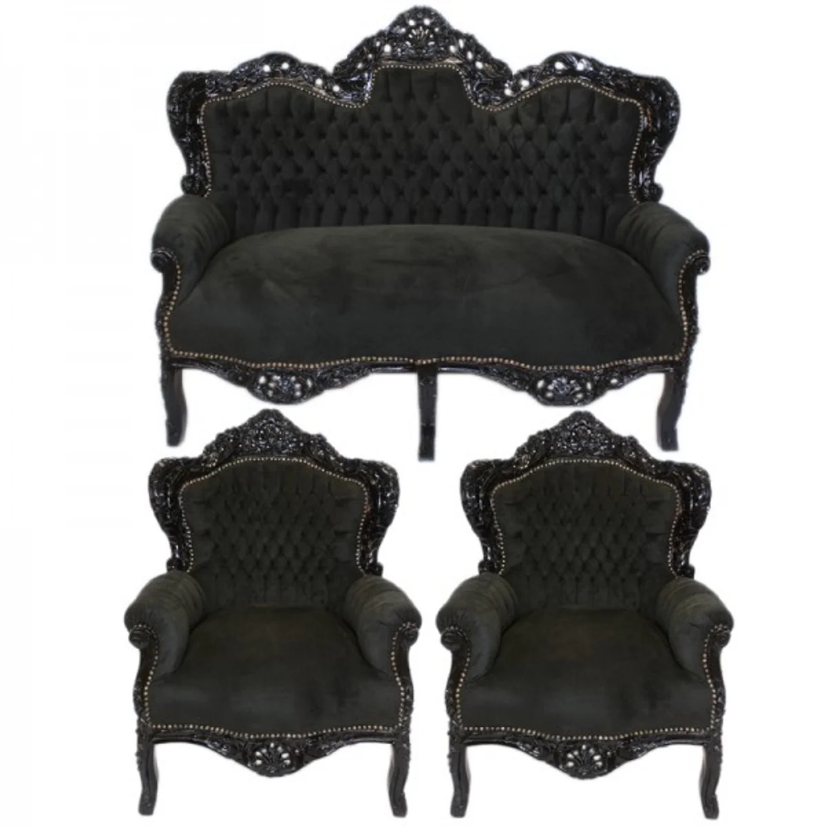 Casa Padrino Baroque Living Set King Black / Black - 2-seater sofa + 2 armchairs