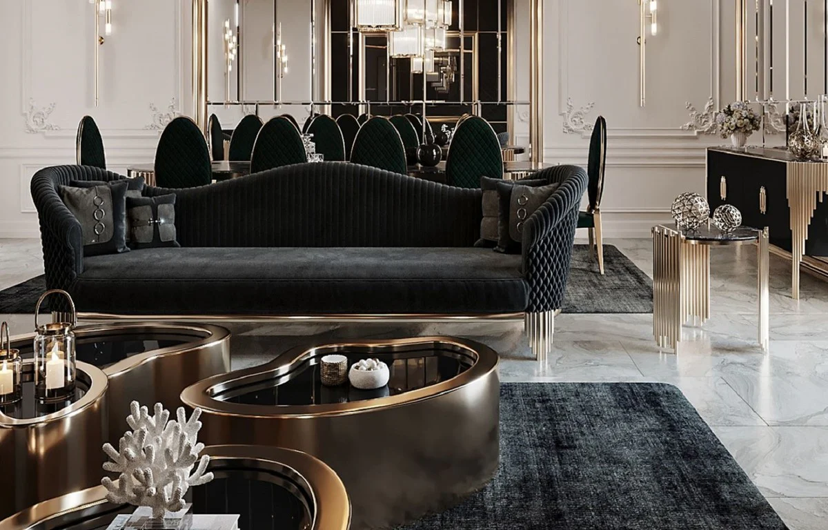 Casa Padrino Sof¨¢ de Lujo Negro / Oro 260 x 88 x A. 88 cm - Sof¨¢ de Sal¨®n Moderno - Muebles de Sal¨®n y Hotel - Colecci¨®n de Lujo