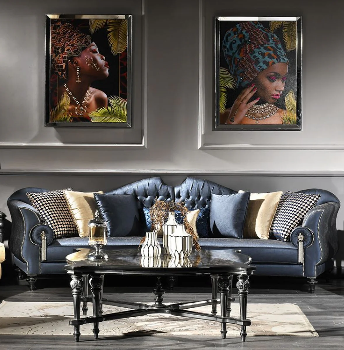 Casa Padrino mesa de centro barroco de lujo negro / beige / plata 126 x 126 x A. 50 cm - Muebles de Sal¨®n en Estilo Barroco