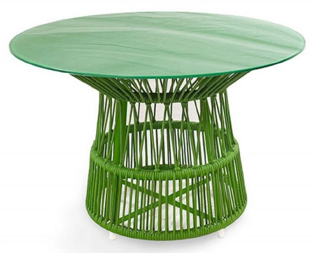 Casa Padrino mesa de jardín de lujo verde Ø 110 x A. 75 cm - Mesa de comedor resistente a la intemperie tejida a mano con tapa de vidrio - Muebles de Jardín y Terraza