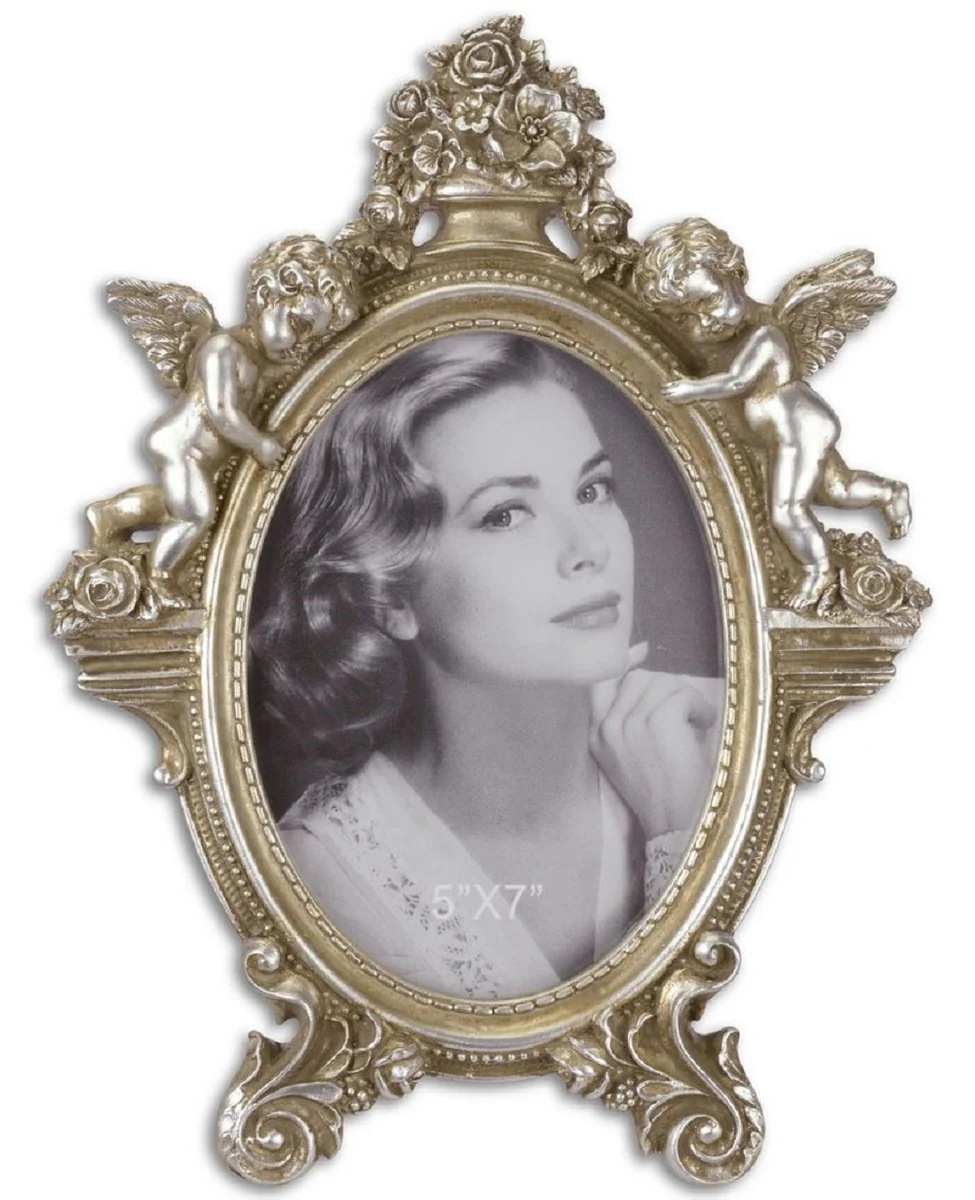 Casa Padrino marco de imagen barroco con figuras decorativas de ángel plata antigua 22,3 x H. 29,2 cm - Accesorios Deco en Estilo Barroco