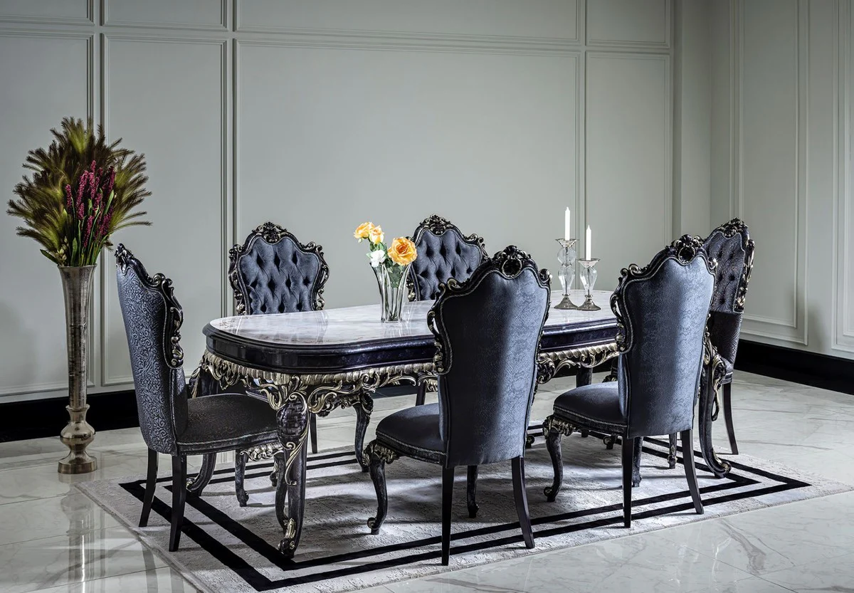 Casa Padrino conjunto de comedor barroco de lujo blanco / azul / oro - 1 Mesa de Comedor y 6 Sillas de Comedor - Muebles de comedor barrocos - Noble y Magn¨ªfico