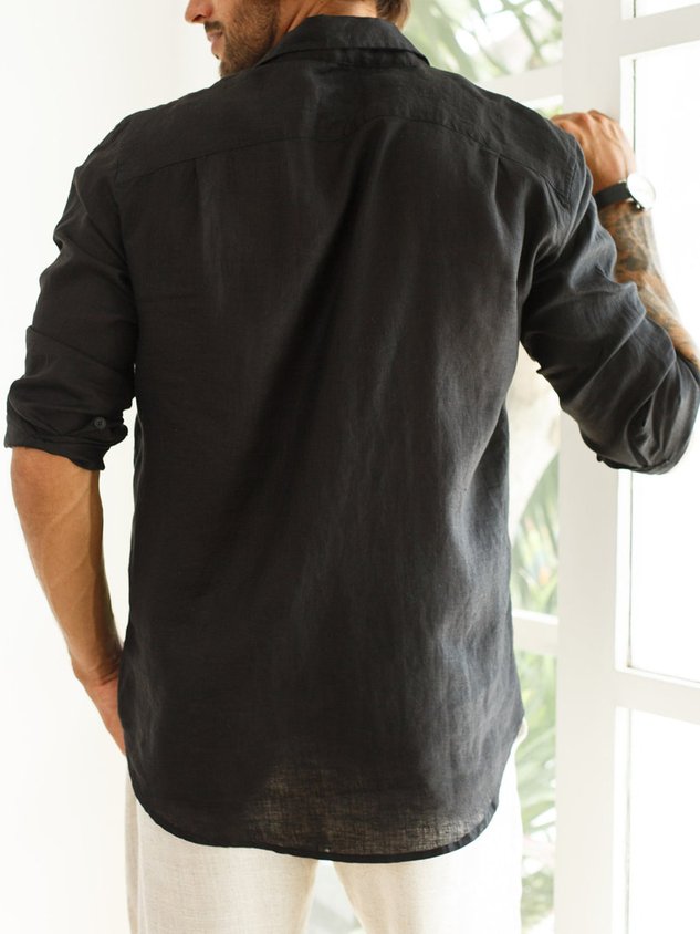 Men's Cotton Linen Casual Pocket Long Sleeve Shirt