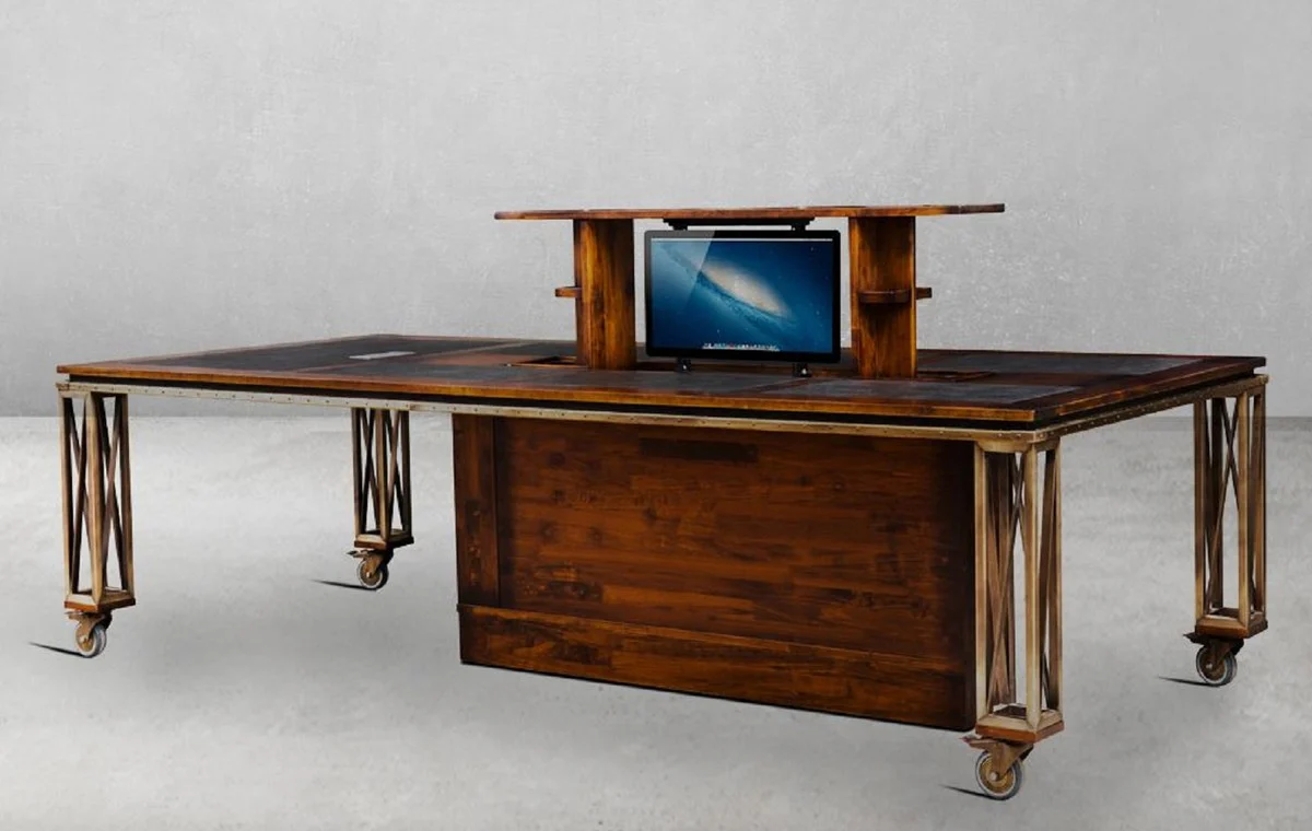 Casa Padrino escritorio de estilo vintage de lujo marrón / latón / negro 270 x 120 x A. 76 cm - Mesa de oficina de madera maciza con ruedas - Muebles de oficina estilo vintage