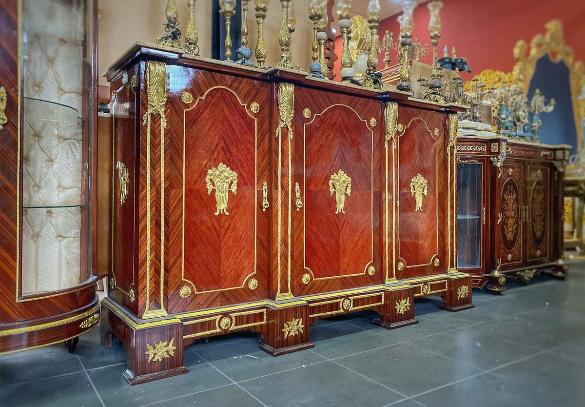 Casa Padrino aparador barroco marrón / oro / crema - Gabinete hecho a mano de madera maciza con 3 puertas y tapa de mármol - Muebles de salón barrocos